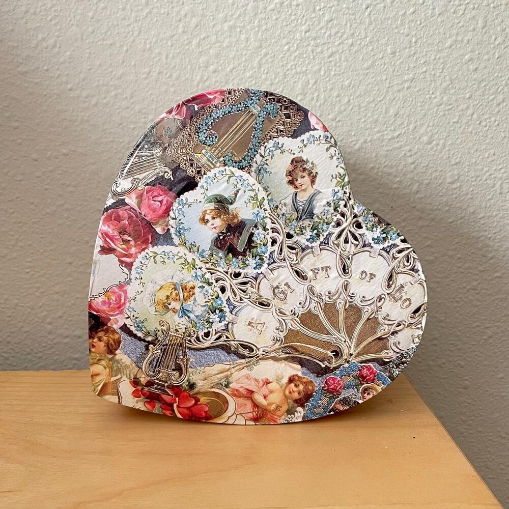 90s Vintage victorian valentines heart gift box floral collage coquette cottage